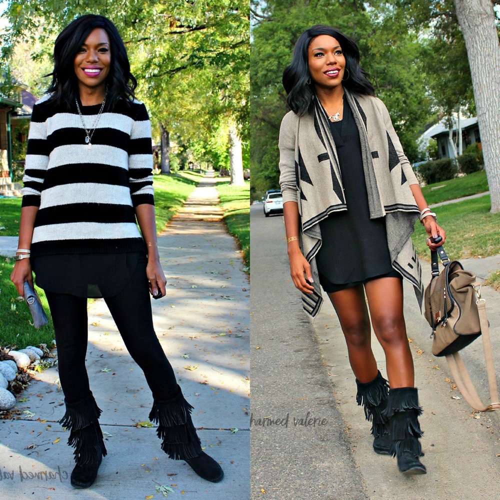 Black Minnetonka Two Layer Fringe Boots